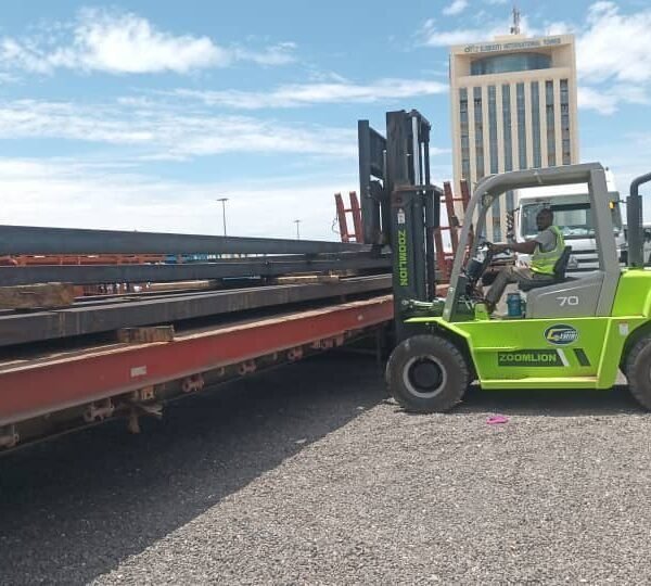 Gemini forklift handling steel cargo at the port
